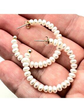 Womens Earrings 14K Yellow Gold 1 1/4 Inch White Pearl Hoops Pierced